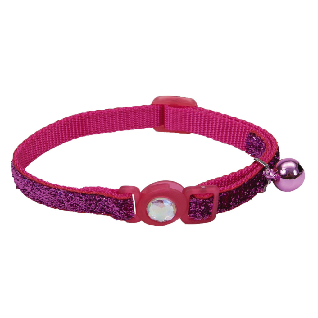 Safe Cat Jeweled Buckle Adjustable Breakaway Cat Collar with Glitter Overlay, Pink, 3/8-in x 8-in-12-in