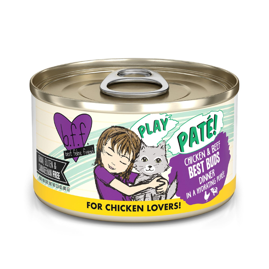 BFF PLAY PATE Chicken & Beef Best Buds Dinner in a Hydrating Puree Wet Cat Food Can, 2.8-oz