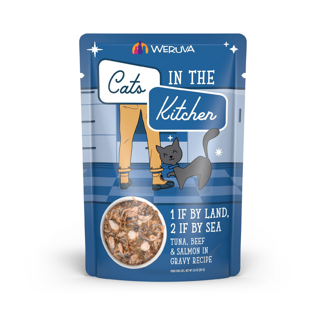 Cats in the Kitchen 1 If By Land, 2 If By Sea Tuna, Beef & Salmon in Gravy Wet Cat Food Pouch, 3-oz