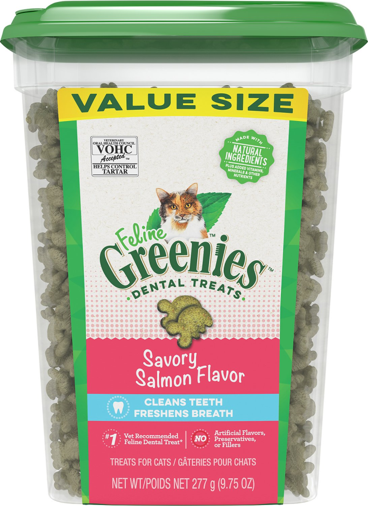 Feline Greenies Savory Salmon Flavor Dental Cat Treats, 9.75-oz tub