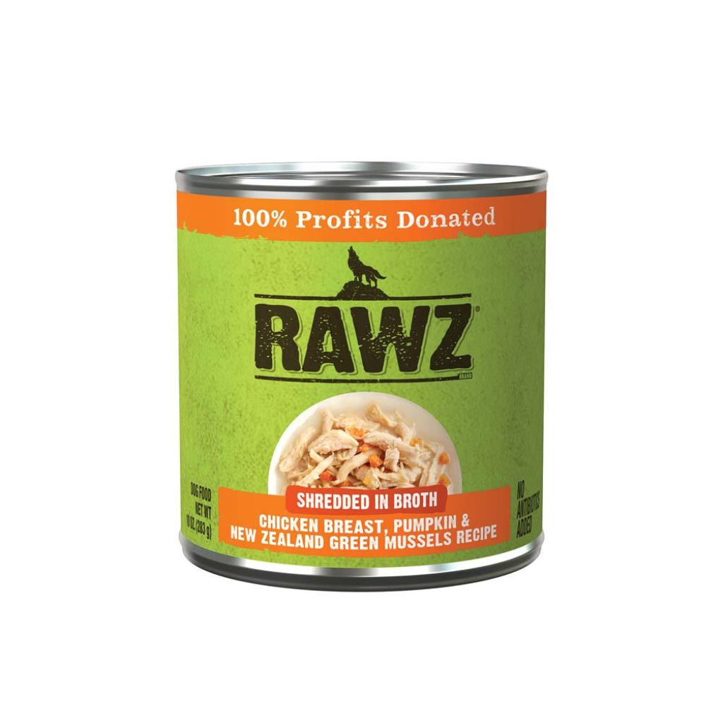 RAWZ Shredded in Broth Chicken Breast, Pumpkin & New Zealand Green Mussels Wet Dog Food Can, 10-oz