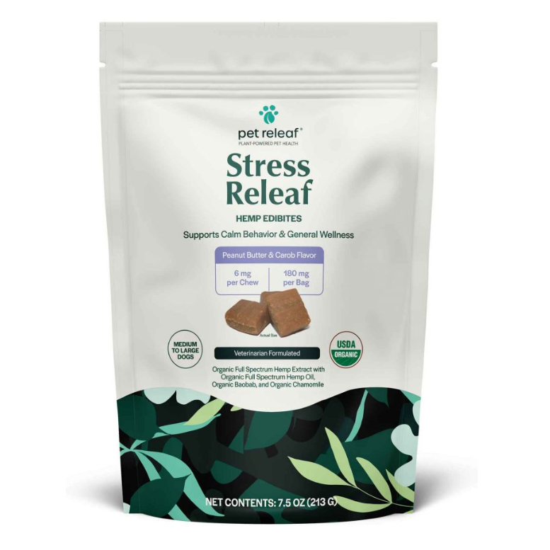 Pet Releaf Edibites Med/Lg Breed Peanut Butter Carob Stress Releaf Organic 6 mg/180 mg CBD 7.5 oz