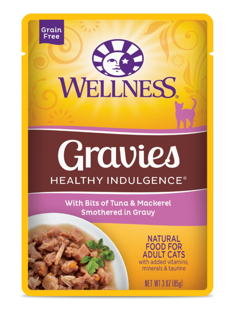 Wellness Healthy Indulgence Gravies with Bits of Tuna & Mackerel Smothered in Gravy Grain-Free Wet Cat Food Pouches, 3-oz
