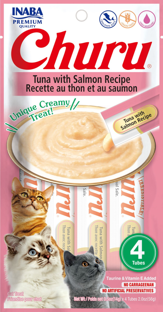 Inaba Churu Puree Tuna with Salmon Grain-Free Cat Treat, 0.5-oz, 4-pack