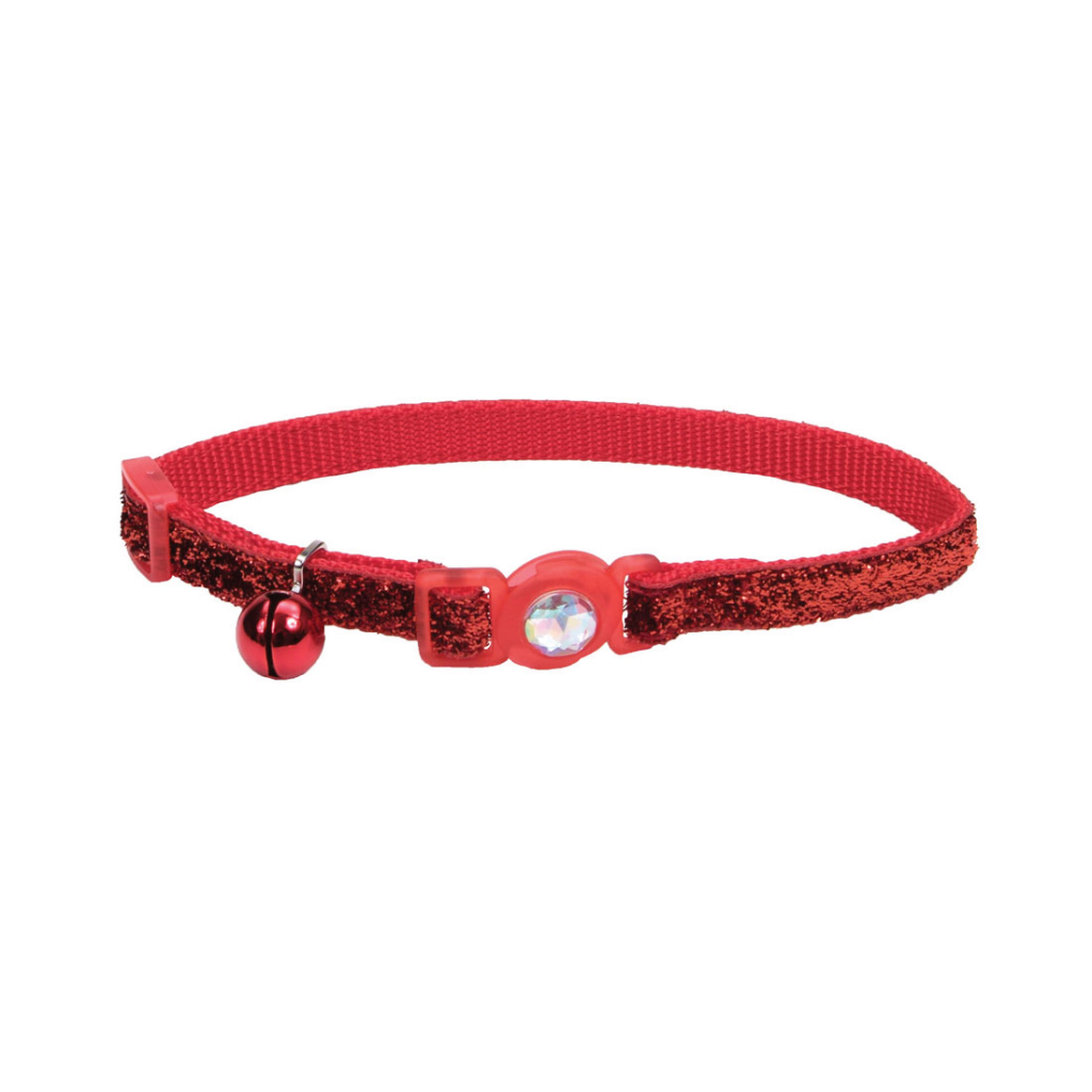 Safe Cat Jeweled Buckle Adjustable Breakaway Cat Collar with Glitter Overlay, Red, 3/8-in x 8-in-12-in