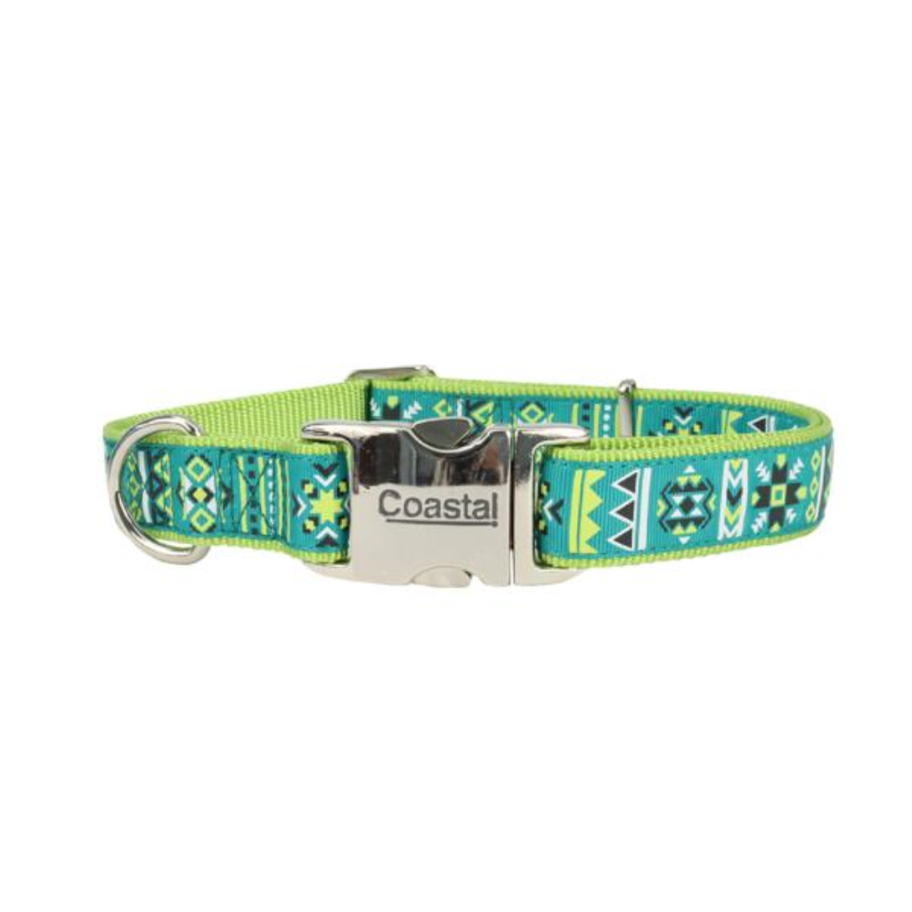 Ribbon Adjustable Collar with Metal Buckle for Dogs, Lime Southwest Stars, 5/8-in x 12-18-in