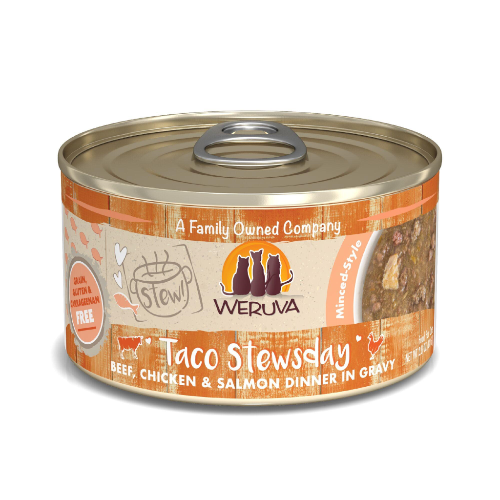 Weruva Cat Stew Taco Stewsday Beef, Chicken & Salmon Dinner in Gravy Wet Cat Food Can, 2.8-oz