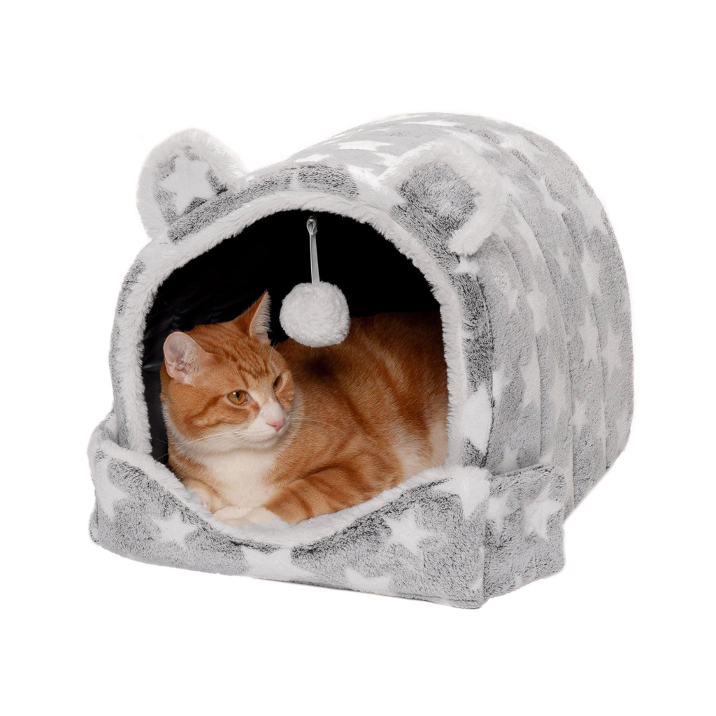 Furhaven Fleece Cozy Cave Small Dog & Cat Bed, Gray Stars