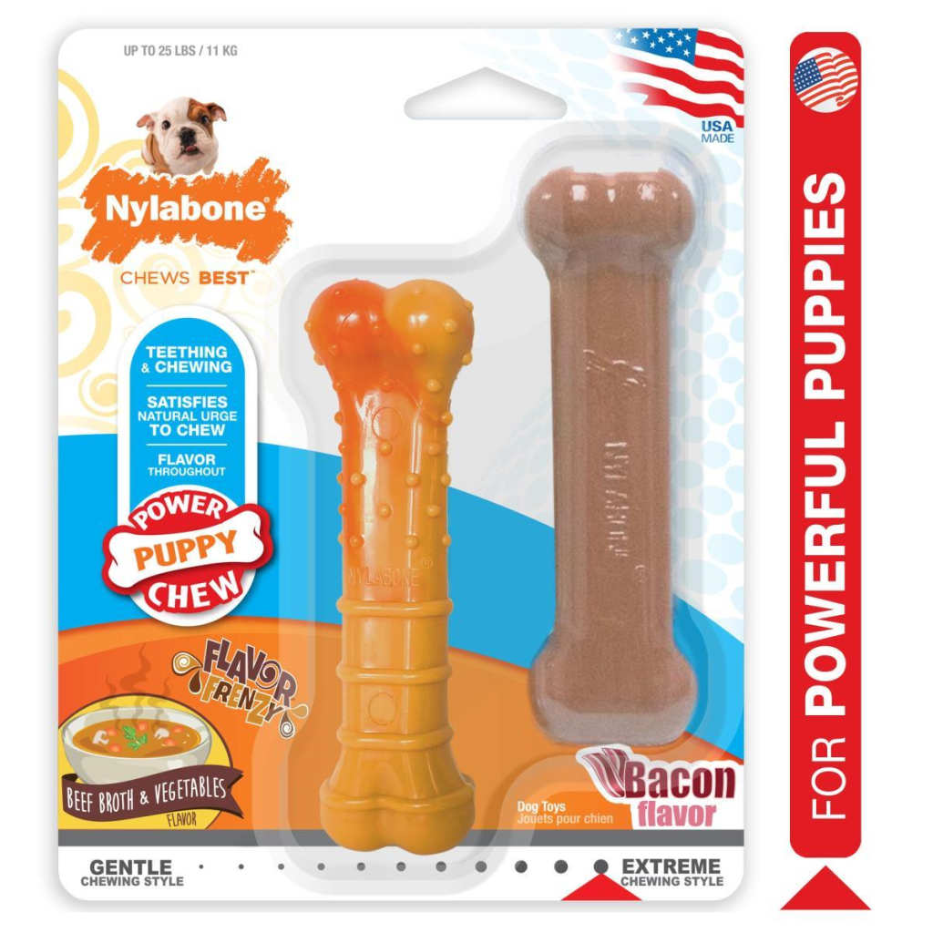 Nylabone Puppy Power Chew Flavor Frenzy Beef Broth, Vegetables & Bacon Dog Toy, 2-pk
