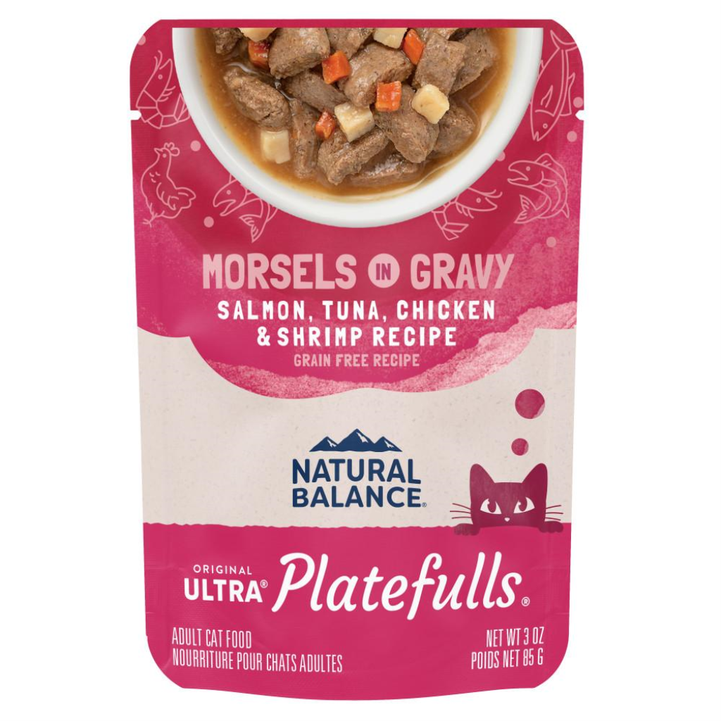 Natural Balance Original Ultra Platefulls Salmon, Tuna, Chicken & Shrimp Recipe Morsels in Gravy Wet Cat Food Pouches, 3-oz