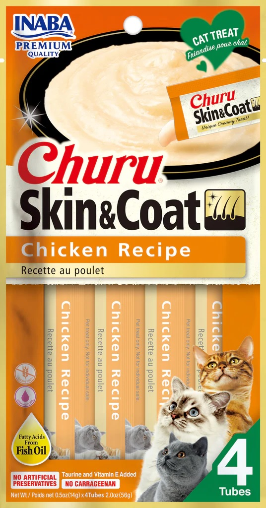 INABA Churu Skin & Coat Chicken Grain-Free Cat Treats, 4-pk