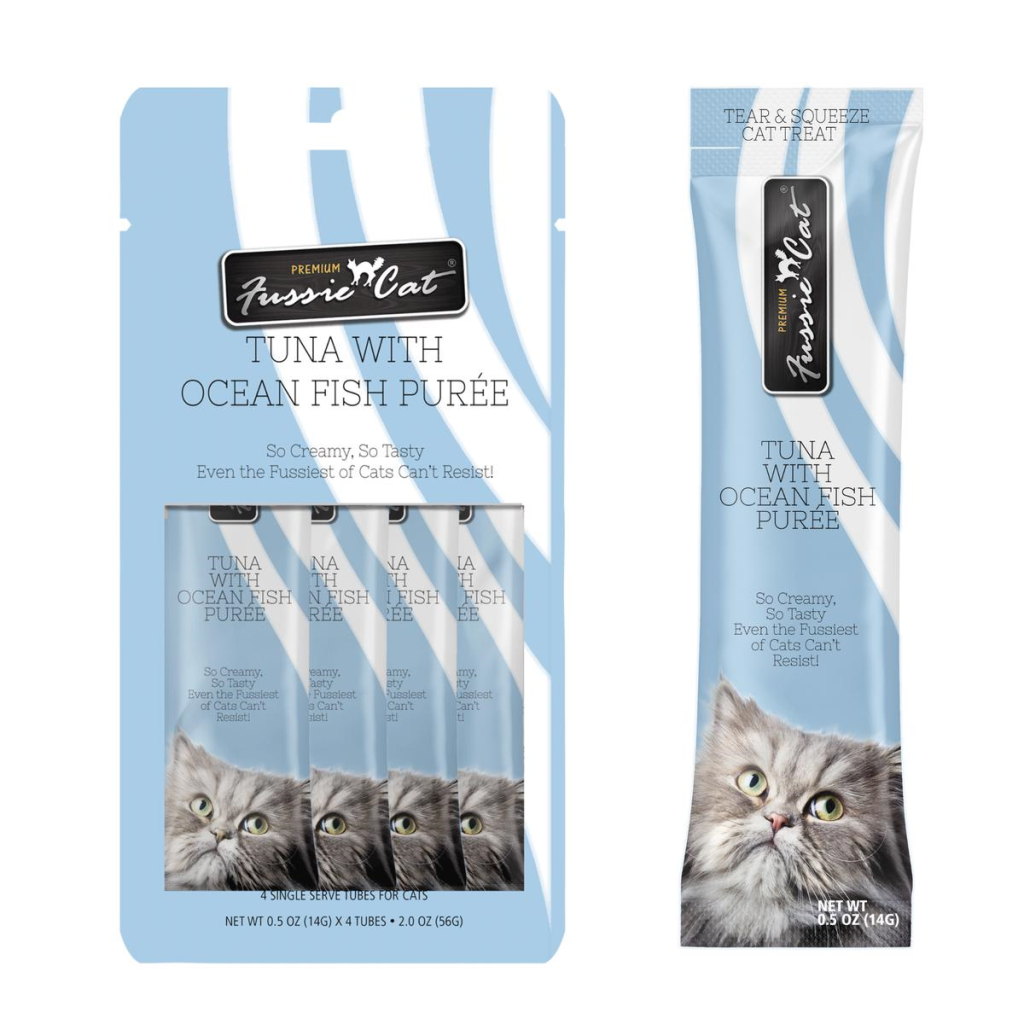 Fussie Cat Puree Tuna with Ocean Fish Cat Treats, 4-count