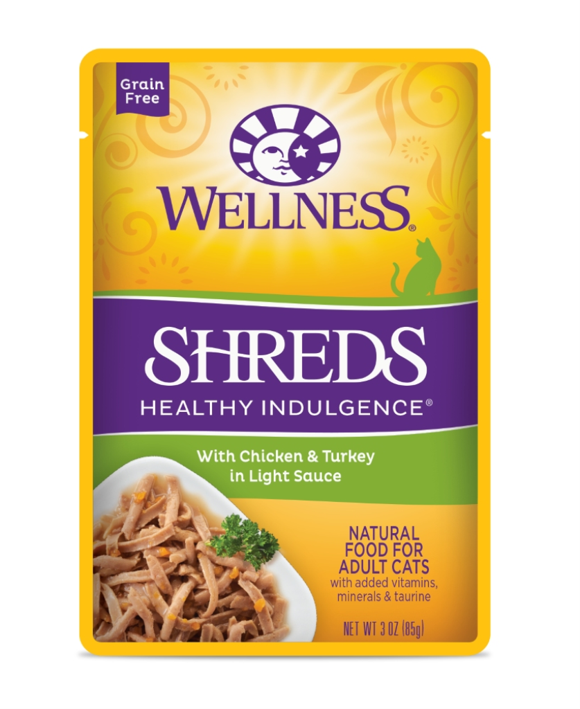 Wellness Healthy Indulgence Shreds with Chicken & Turkey in Light Sauce Grain-Free Wet Cat Food Pouches, 3-oz