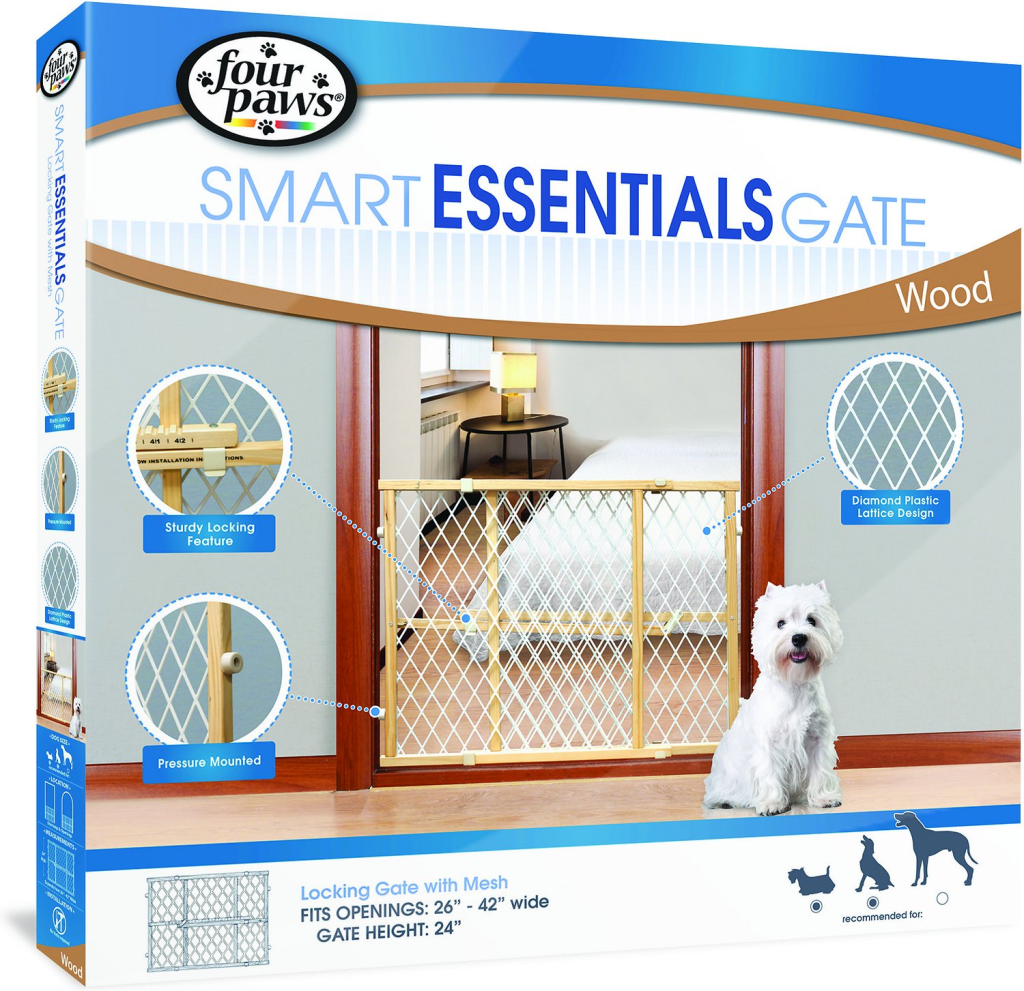 Four Paws Safety Locking Wood Gate with Plastic Mesh for Dogs