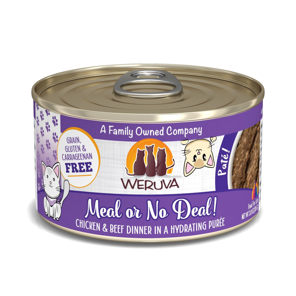 Weruva Cat Pate Meal or No Deal! Chicken & Beef Dinner in a Hydrating Puree Wet Cat Food Can, 3-oz