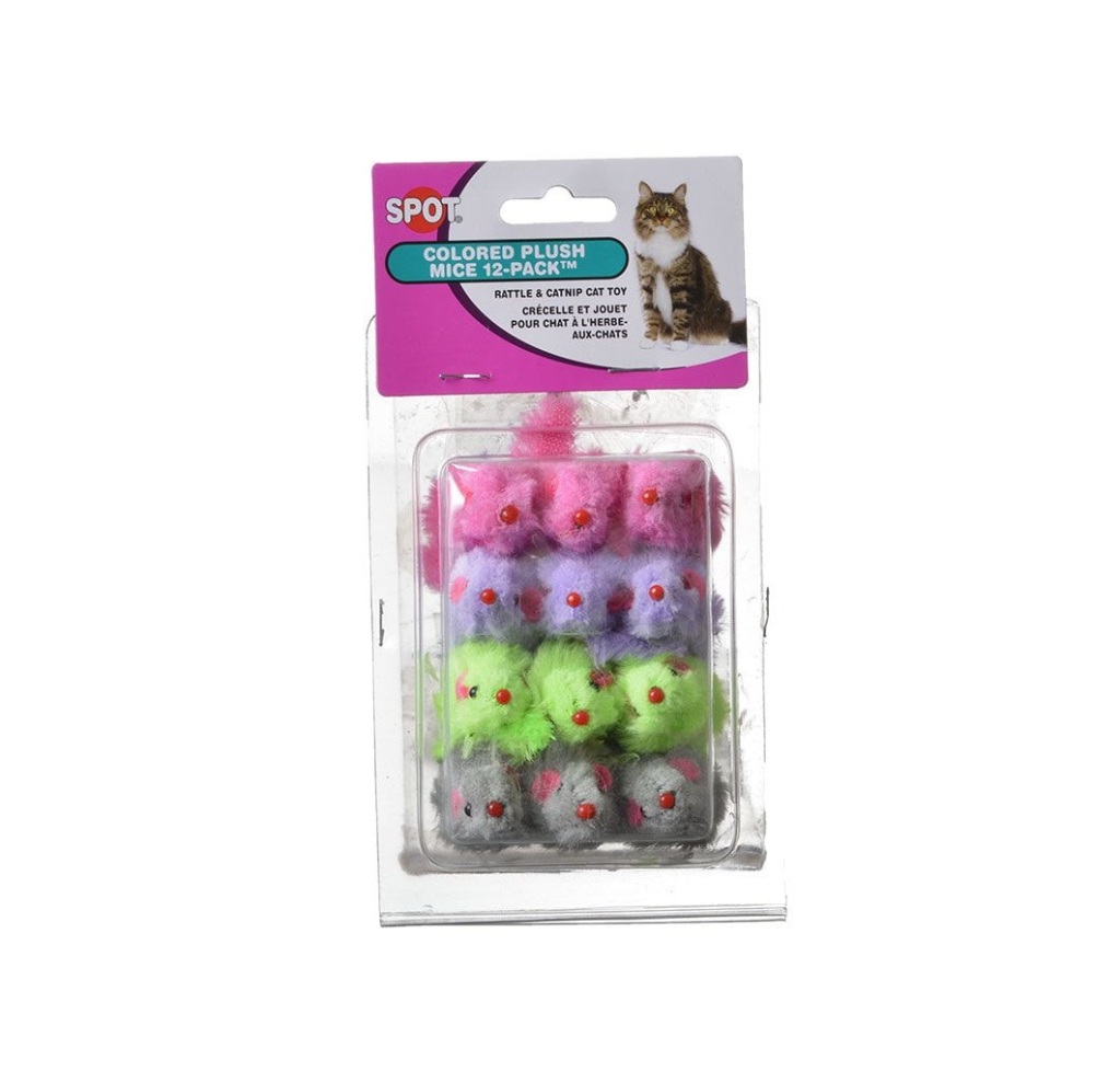 Ethical Pet Spot Colored Plush Mice Rattle & Catnip Cat Toy, 12-pk