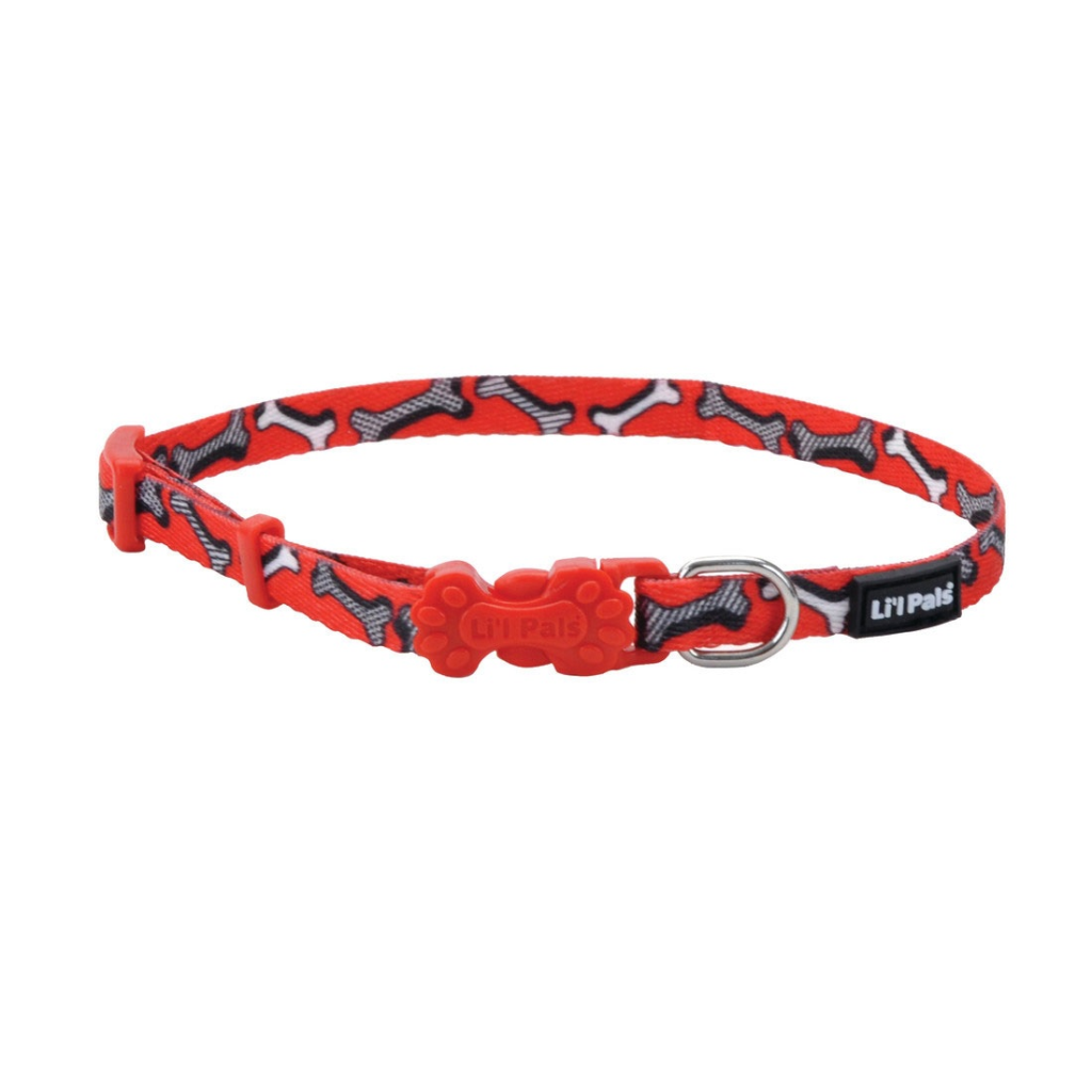 Li'l Pals Adjustable Patterned Dog Collar, Red and White Bones, 3/8-in x 8-12-in