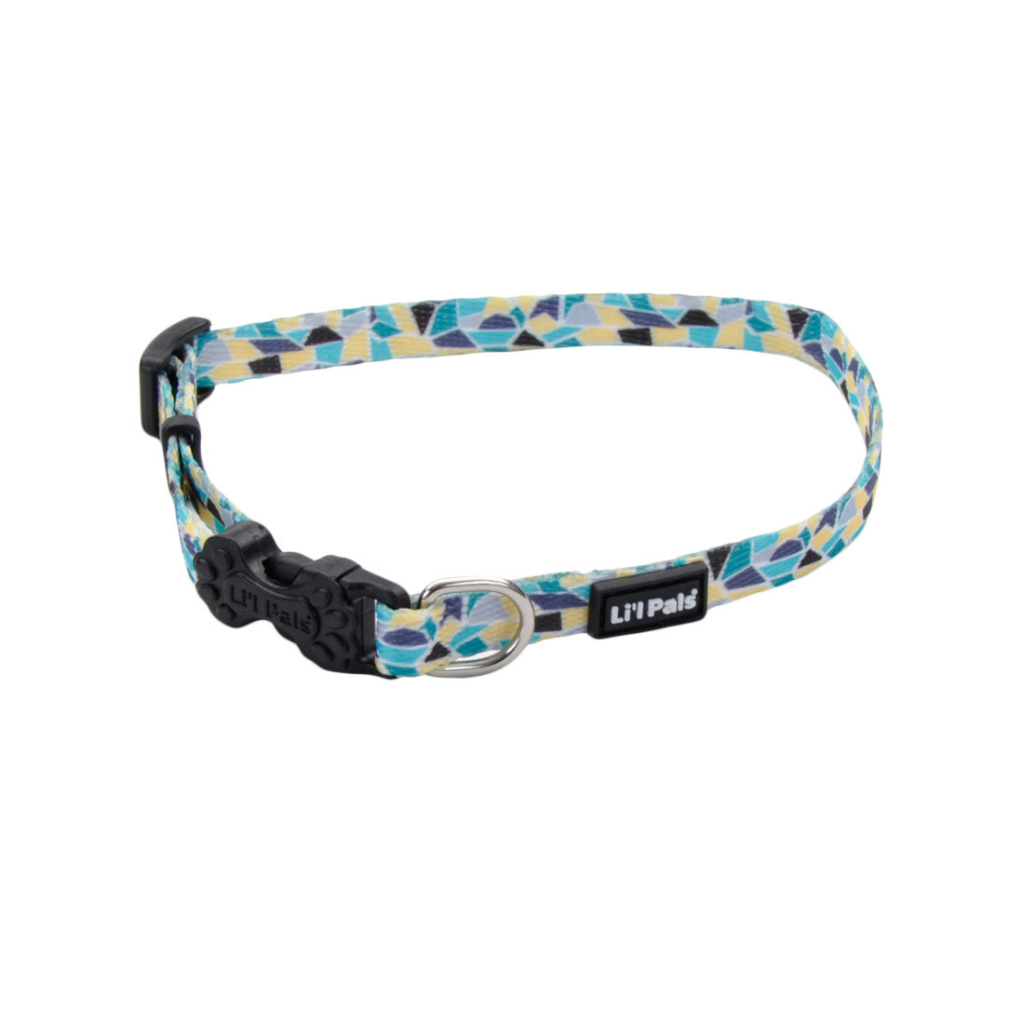Li'l Pals Adjustable Patterned Dog Collar, Teal Yellow Grey Stained Glass, 3/8-in x 6-8-in