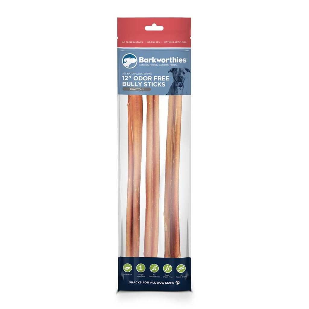 Barkworthies Odor-Free Select Bully Sticks Dog Treats, 12-in, pack of 3