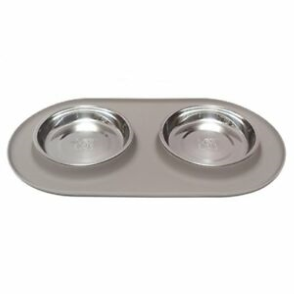 Messy Cats Stainless Steel Cat Double Feeder with Non-Slip Silicone Base Cat Bowl, Grey, Medium