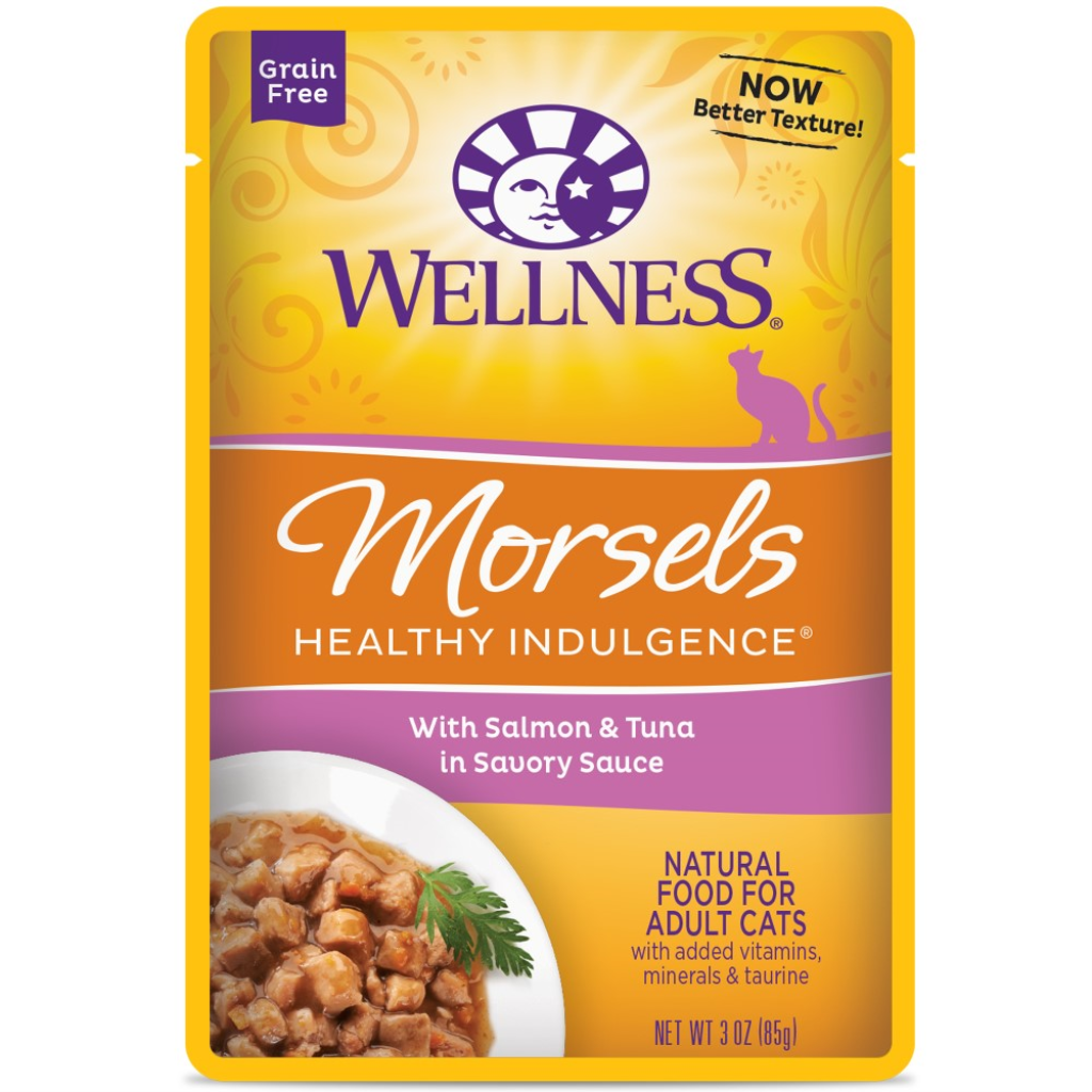Wellness Healthy Indulgence Morsels with Salmon & Tuna in Savory Sauce Grain-Free Wet Cat Food Pouches, 3-oz