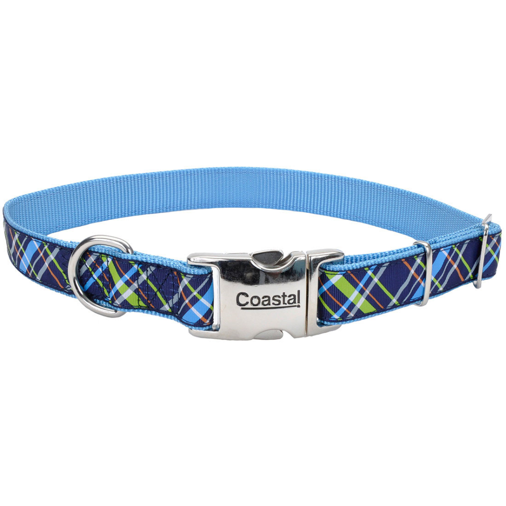 Ribbon Adjustable Dog Collar with Metal Buckle, Navy Blue Plaid, 5/8-in x 8-12-in