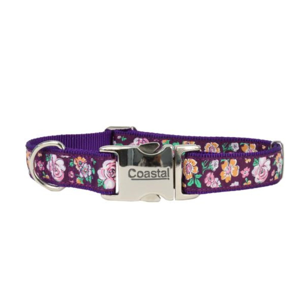 Ribbon Adjustable Collar with Metal Buckle for Dogs, Purple Sketched Floral, 5/8-in x 12-18-in