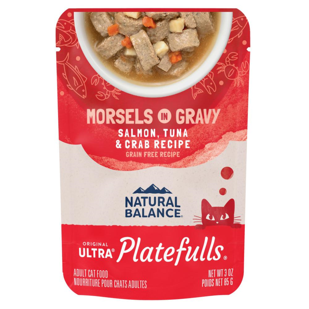 Natural Balance Original Ultra Platefulls Salmon, Tuna & Crab Recipe Morsels in Gravy Wet Cat Food Pouches, 3-oz