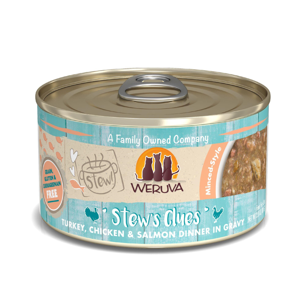 Weruva Cat Stew Stew's Clues Turkey, Chicken & Salmon Dinner in Gravy Wet Cat Food Can, 2.8-oz