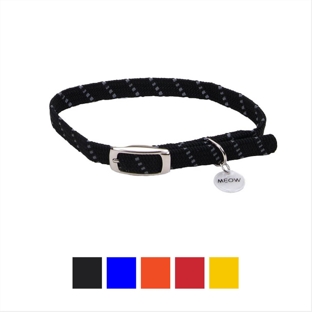 ElastaCat Reflective Safety Stretch Cat Collar, Black, 10-in
