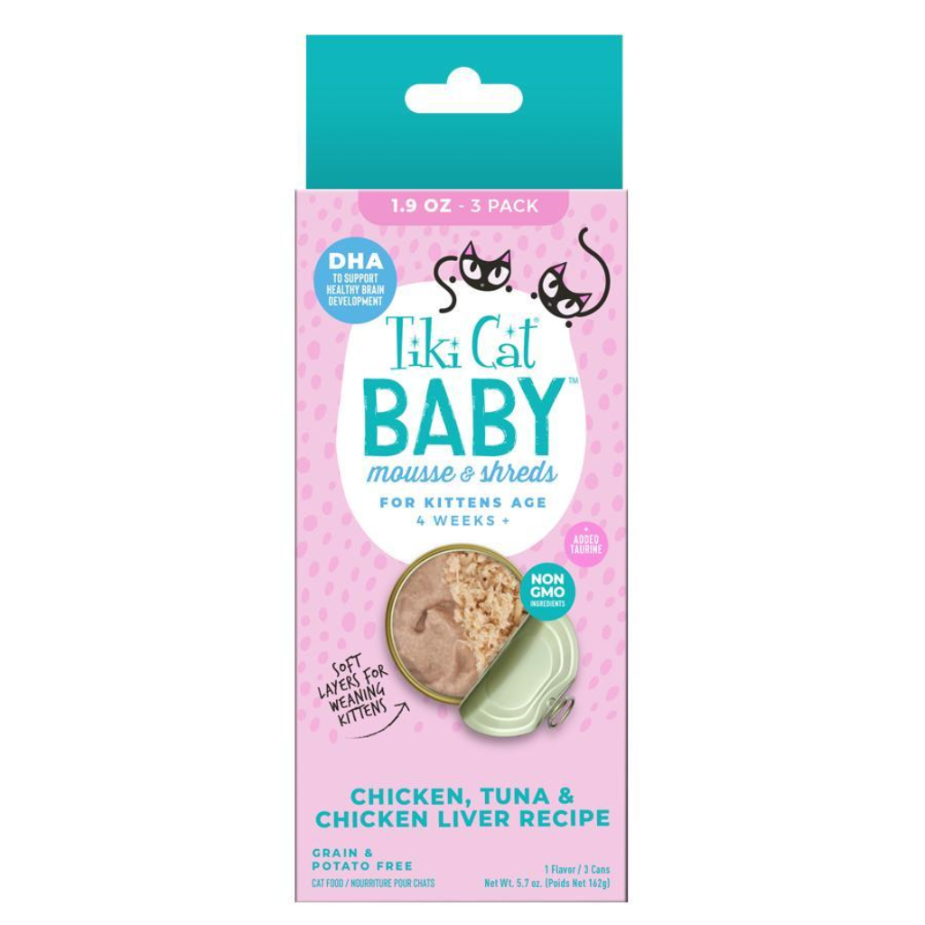 Tiki Cat Baby Mousse & Shreds Chicken, Tuna, & Chicken Liver Kitten Wet Cat Food Can, 1.9-oz, 3-pk