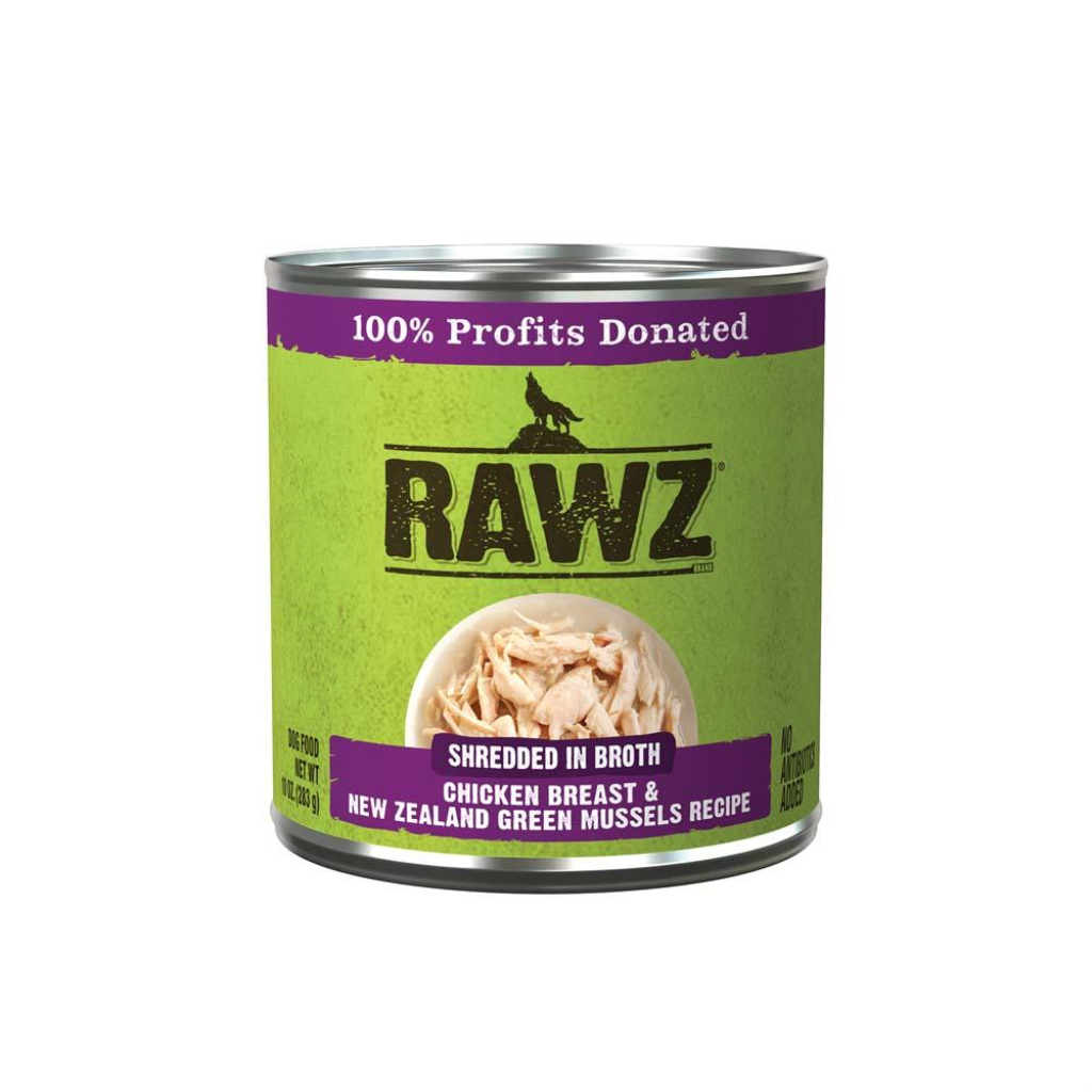 RAWZ Shredded in Broth Chicken Breast & New Zealand Green Mussels Wet Dog Food Can, 10-oz