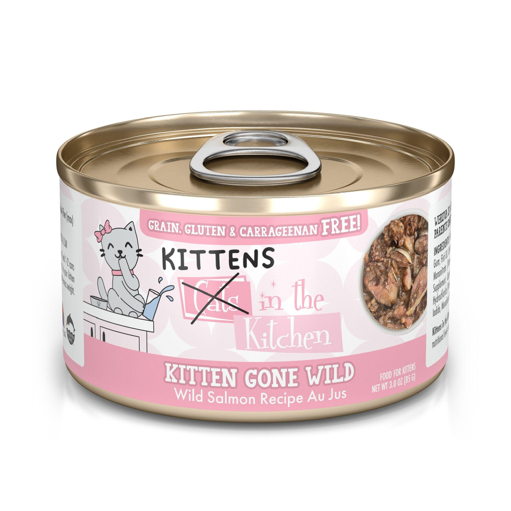 Cats in the Kitchen Kitten Kitten Gone Wild Wild Salmon Recipe Au Jus Wet Cat Food Can, 3-oz
