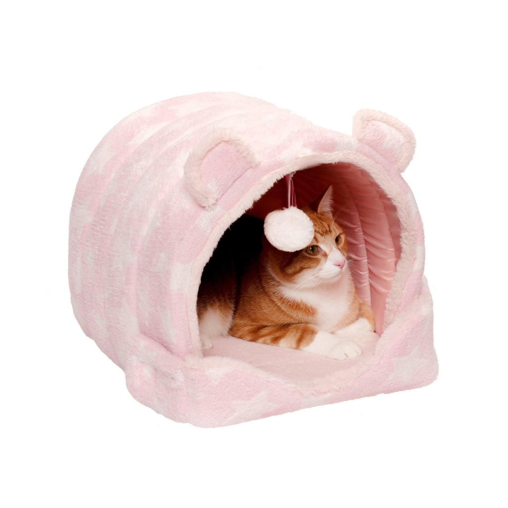 Furhaven Fleece Cozy Cave Small Dog & Cat Bed, Pink Stars