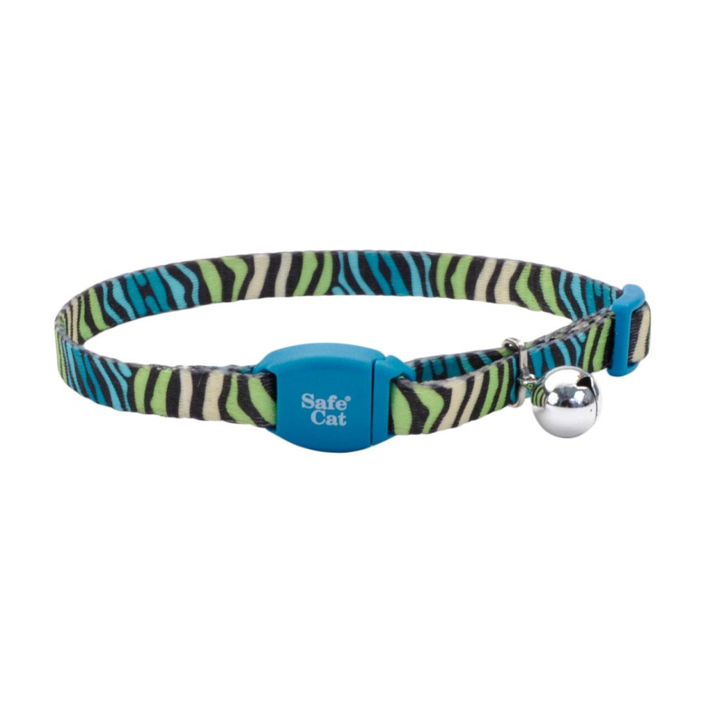 Safe Cat Adjustable Breakaway Collar with Magnetic Buckle for Cats, Teal Zebra Stripes, 3/8-in x 8-12-in