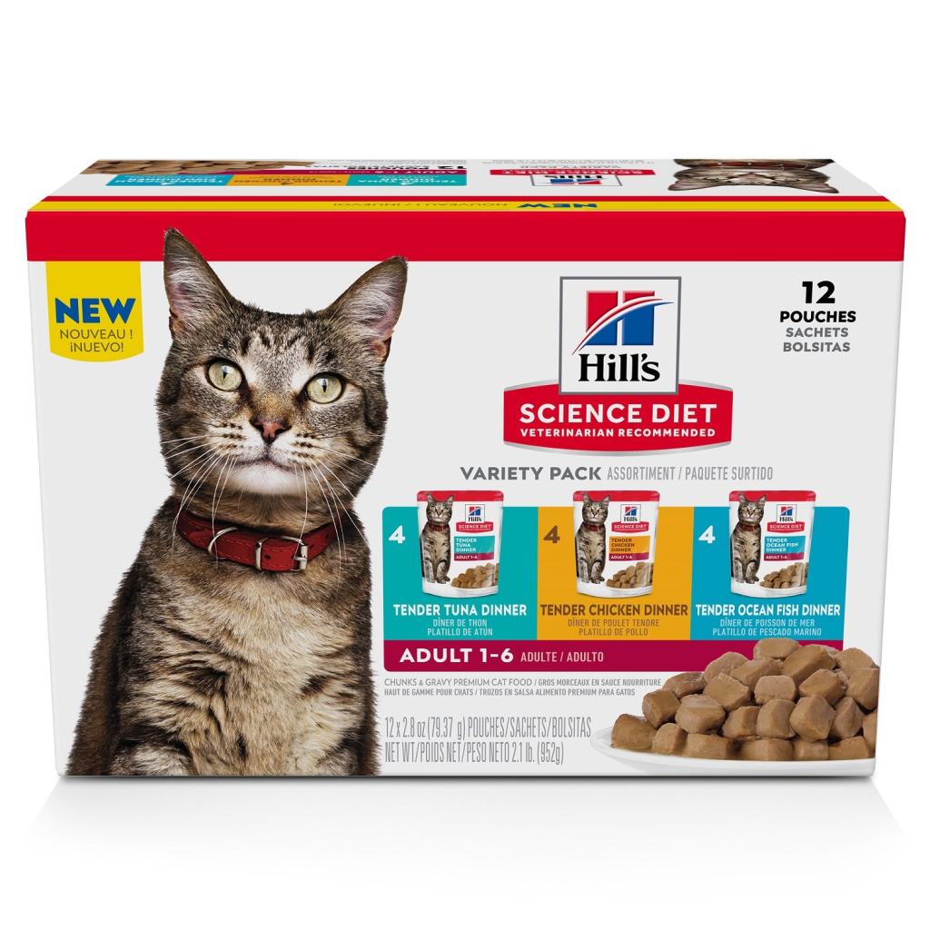 Hill's Science Diet Adult Wet Cat Food Pouch Variety Pack, Chicken, Tuna, and Ocean Fish, 2.8-oz