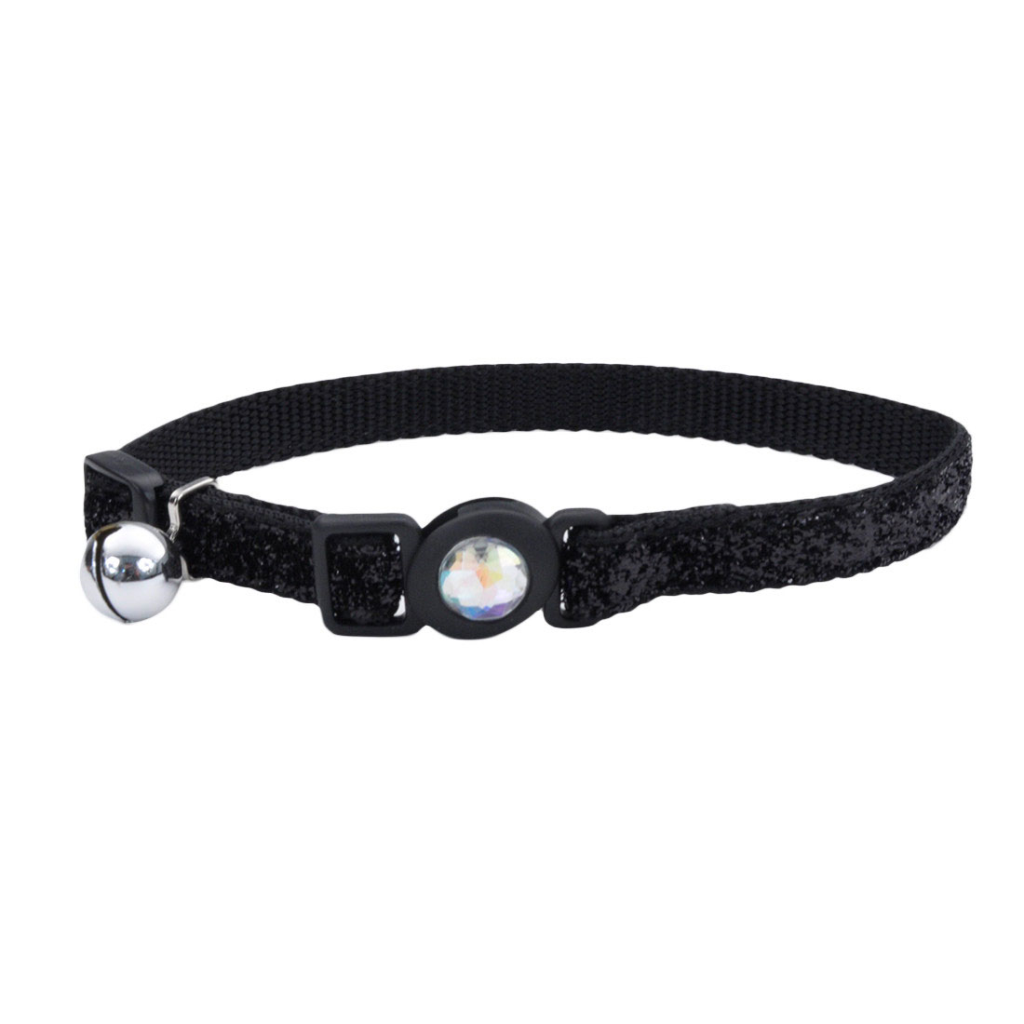 Safe Cat Jeweled Buckle Adjustable Breakaway Cat Collar with Glitter Overlay, Black, 3/8-in x 8-in-12-in