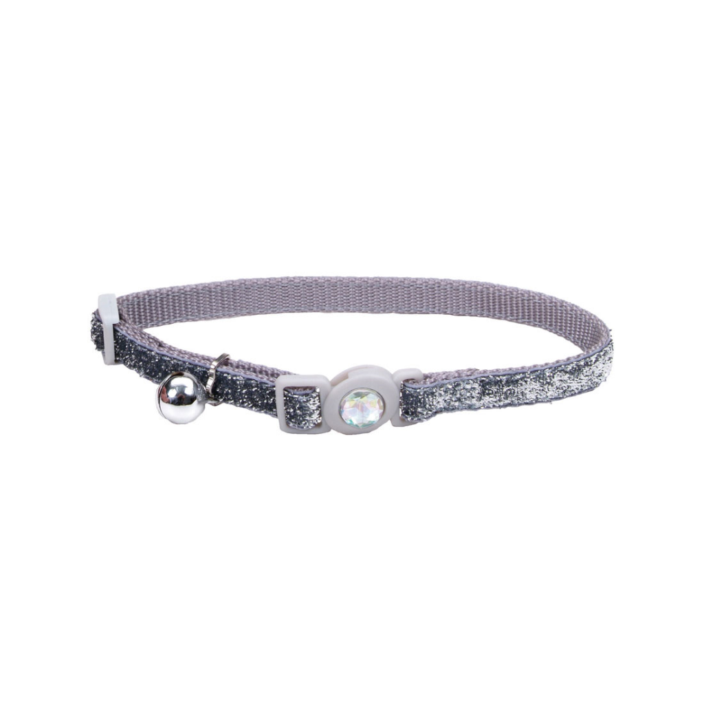 Safe Cat Jeweled Buckle Adjustable Breakaway Cat Collar with Glitter Overlay, Silver, 3/8-in x 8-in-12-in