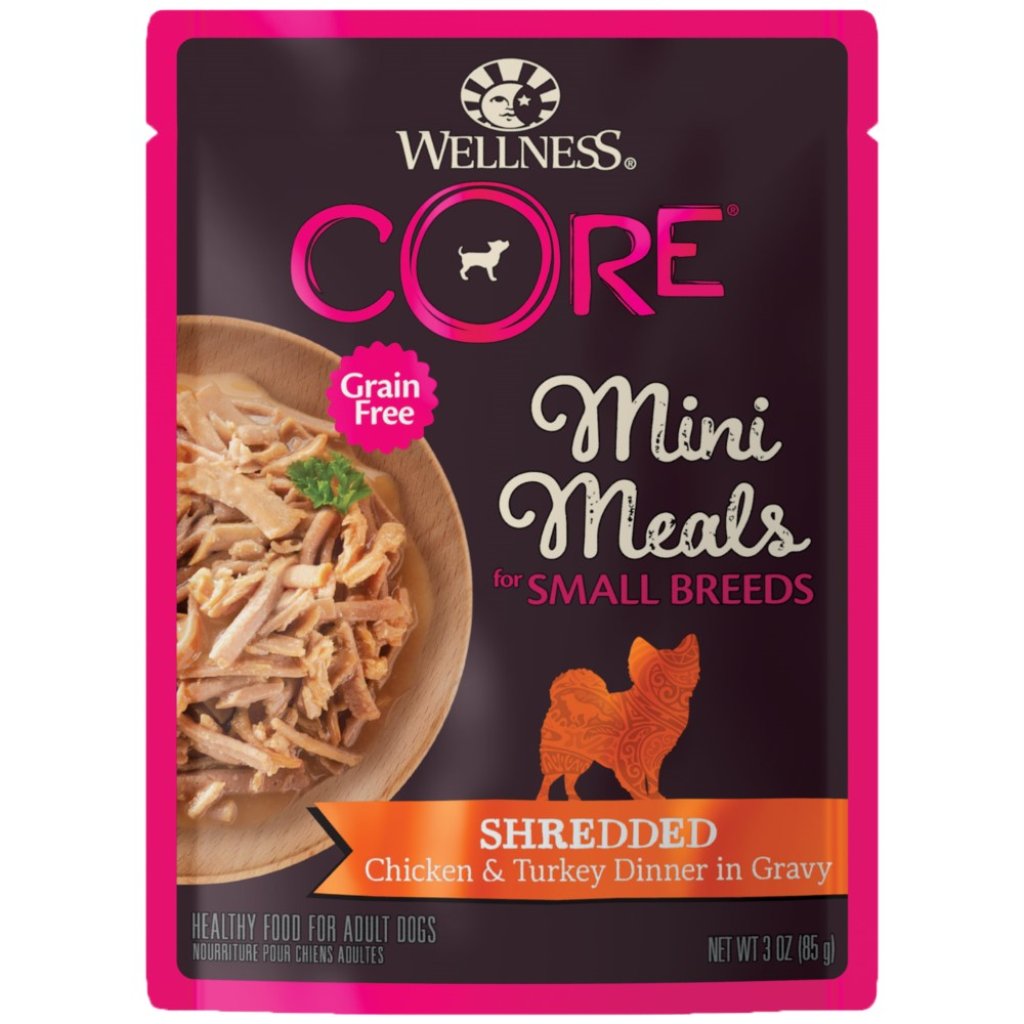 Wellness CORE Small Breed Mini Meals Shredded Chicken & Turkey Dinner in Gravy Wet Dog Food Pouch, 3-oz