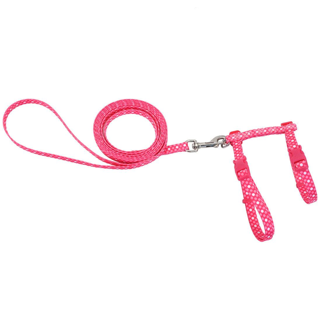 Styles Figure H Fashion Adjustable Cat Harness and Leash Combo, Pink Dots, 3/8-in x 10-in-18-in